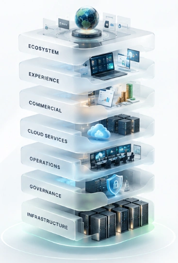 The seven Oasis Stack layers as a glass tower: Ecosystem, Experience, Commercial, Cloud Services, Operations, Governance and Infrastructure, each with its own scene