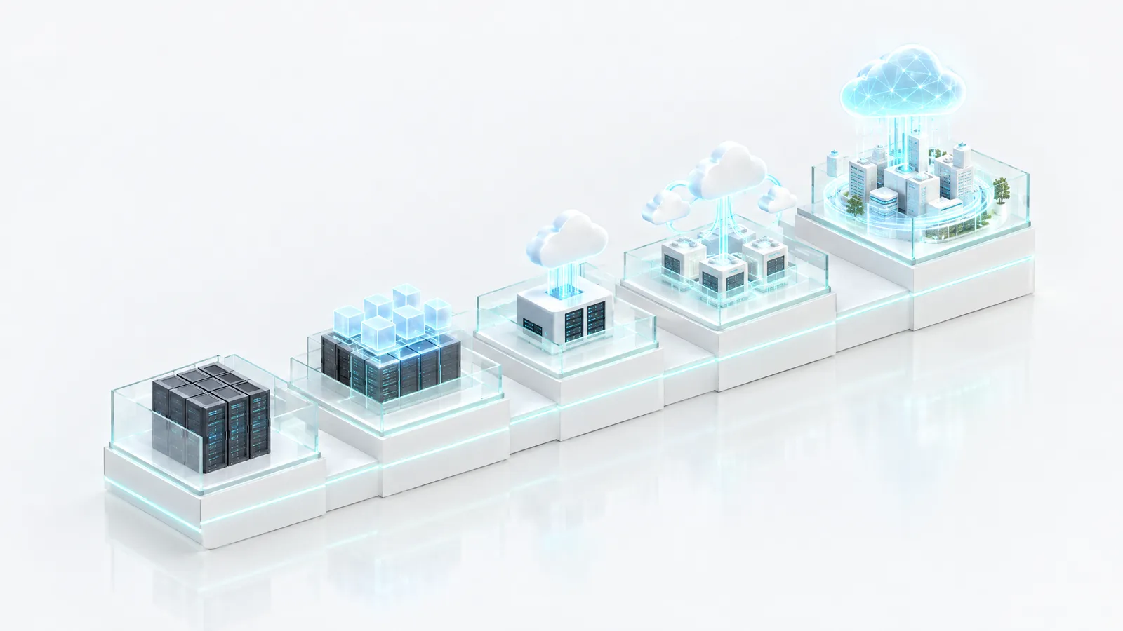 Five white platforms rising like a staircase, from bare racks to an orchestrated cloud city