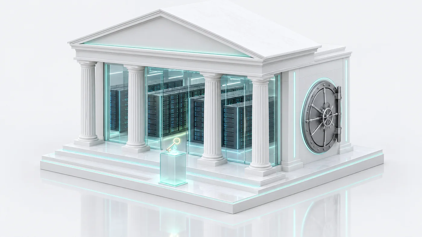 A white bank building with columns whose glass front reveals rows of servers, a vault door at its side and a key on a pedestal