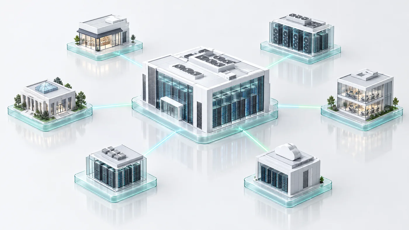A white data centre at the centre, linked like a hub to six smaller tenant pods around it