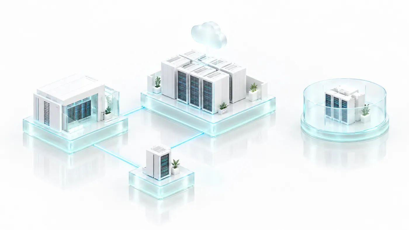 Four white platforms of different sizes: an operator cloud, an enterprise building, a small edge unit and a platform inside a glass ring standing apart