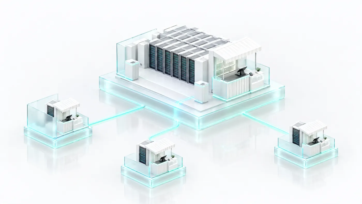 A large white platform linked by glowing lines to three small deployments of itself