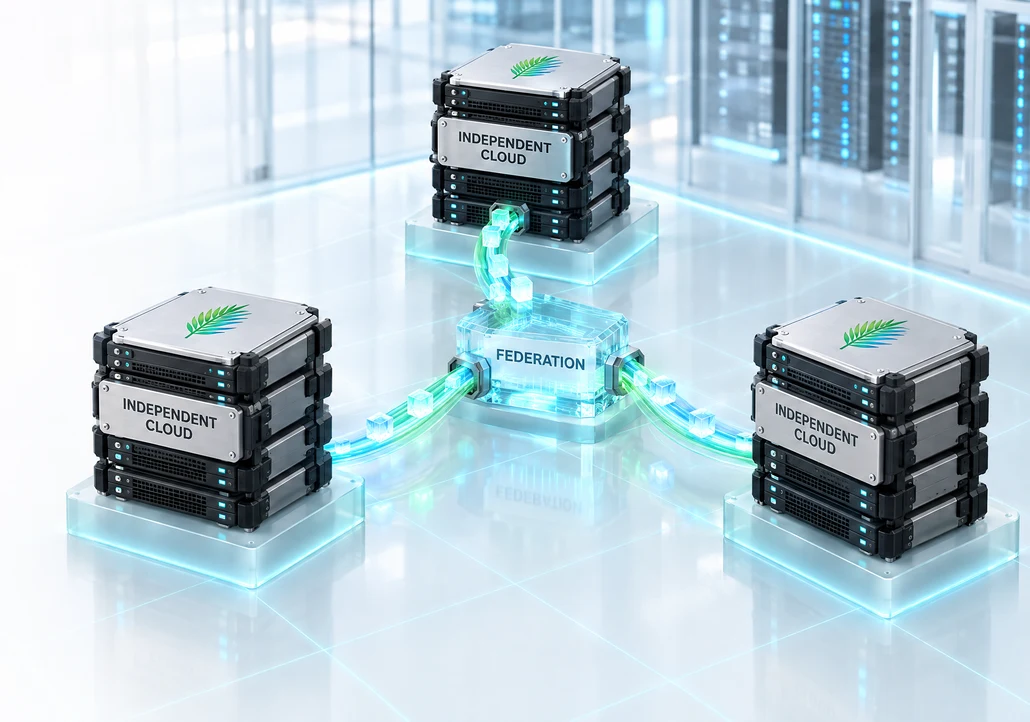 Three independent cloud module stacks on their own plinths, joined only by glowing conduits through a glass federation hub