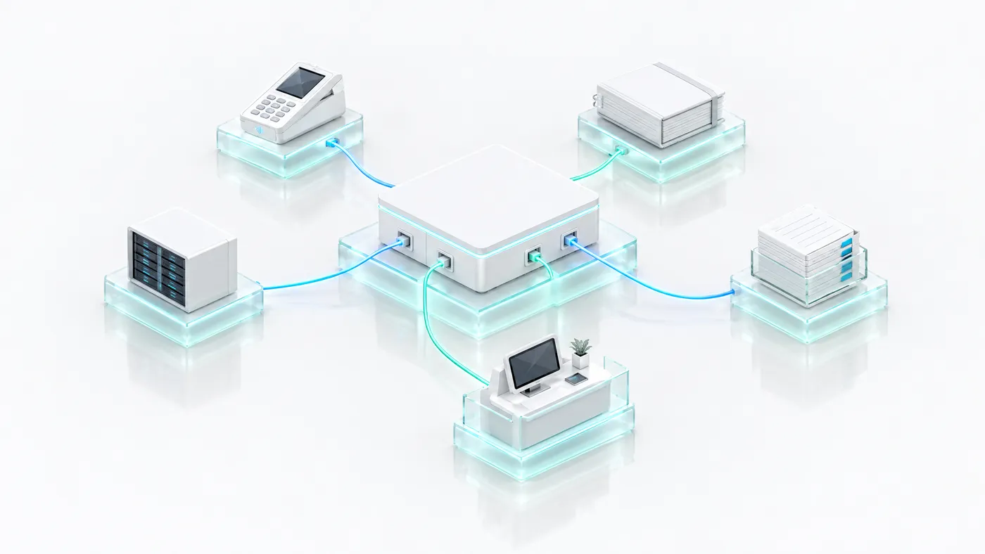 A white platform block with a payment terminal, a ledger, document stacks, a service desk and a rack unit plugged into it by glowing cables
