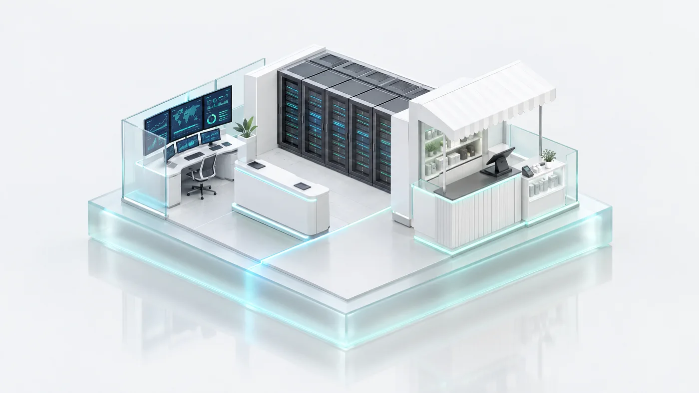 A white data hall split in two: an operations console on one side, a storefront counter on the other, sharing the same racks