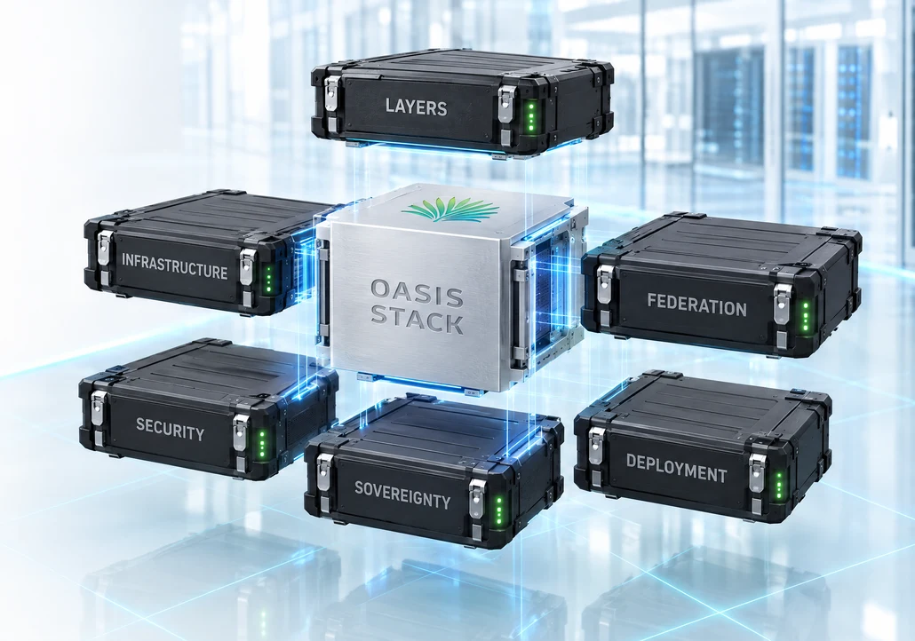 The Oasis Stack core surrounded by six blocks labelled Layers, Infrastructure, Federation, Security, Sovereignty and Deployment