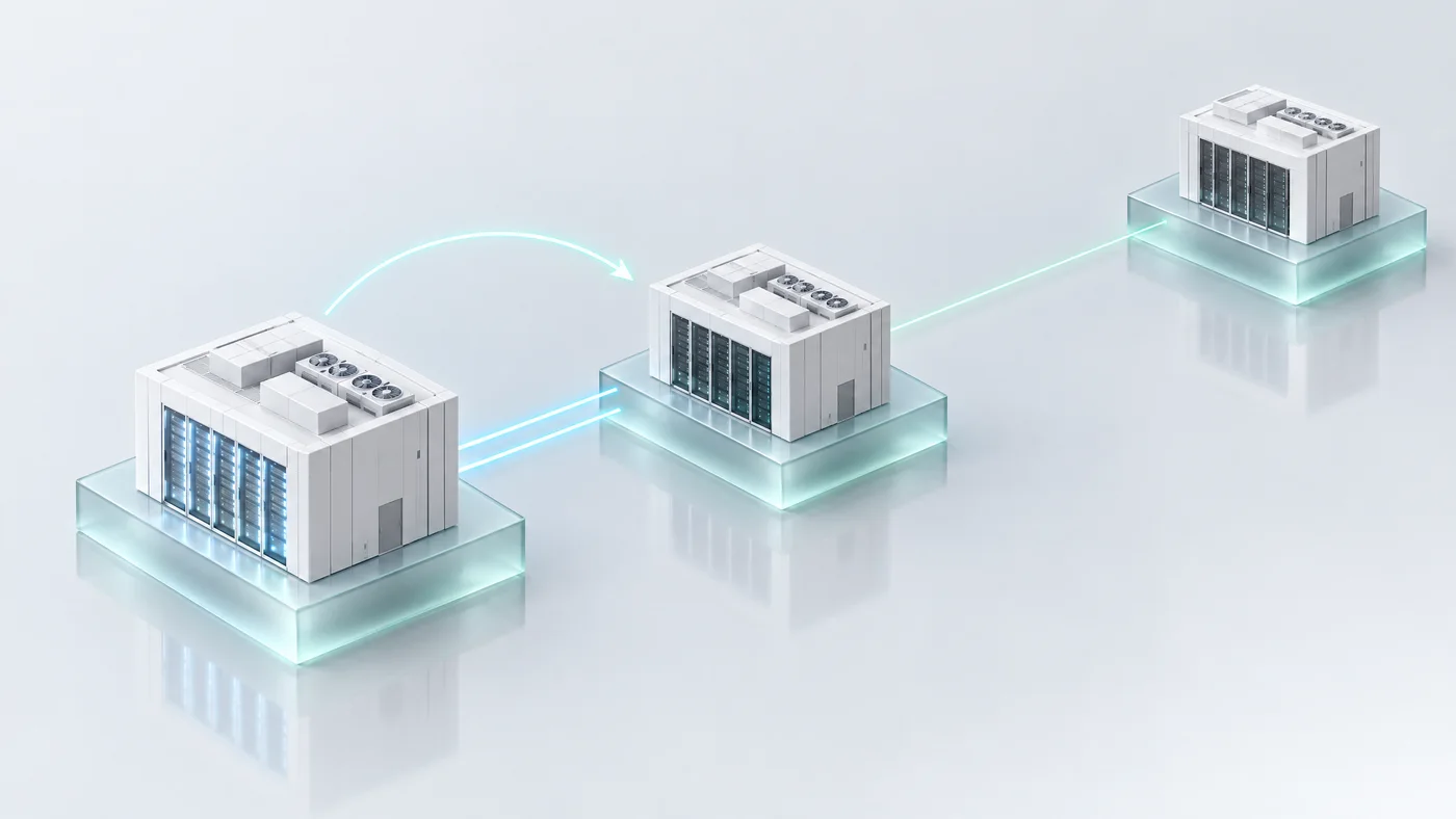 A primary data hall linked by replication lines to a standby hall, with a partner site further away