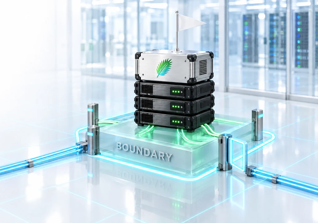 A cloud module stack on a plinth inside a glowing boundary ring with gate posts; outside conduits stop at the gates