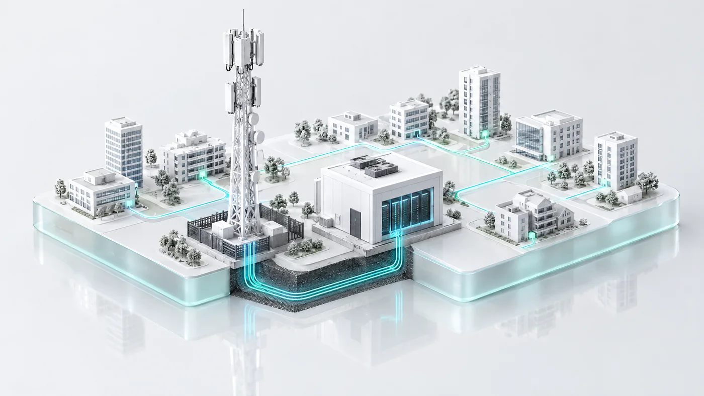 A telecom tower beside a white data hall, with fibre running from the tower into the hall and out to the surrounding city