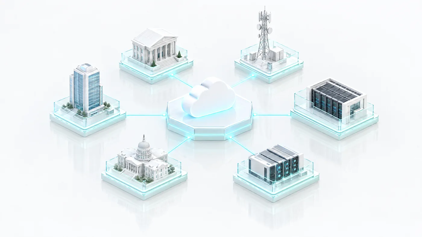 A white cloud platform at the centre of six small scenes: a bank, a telecom tower, a data hall, a GPU block, a government building and an office tower