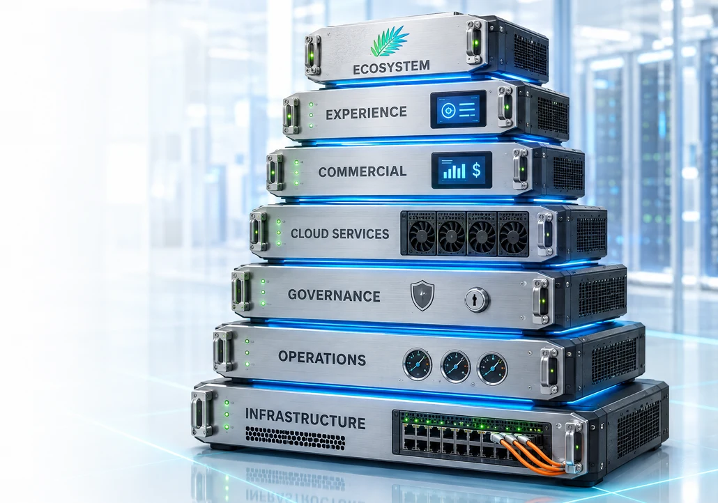 Seven stacked hardware modules labelled Infrastructure, Operations, Governance, Cloud Services, Commercial, Experience and Ecosystem, bottom to top, on a glass floor