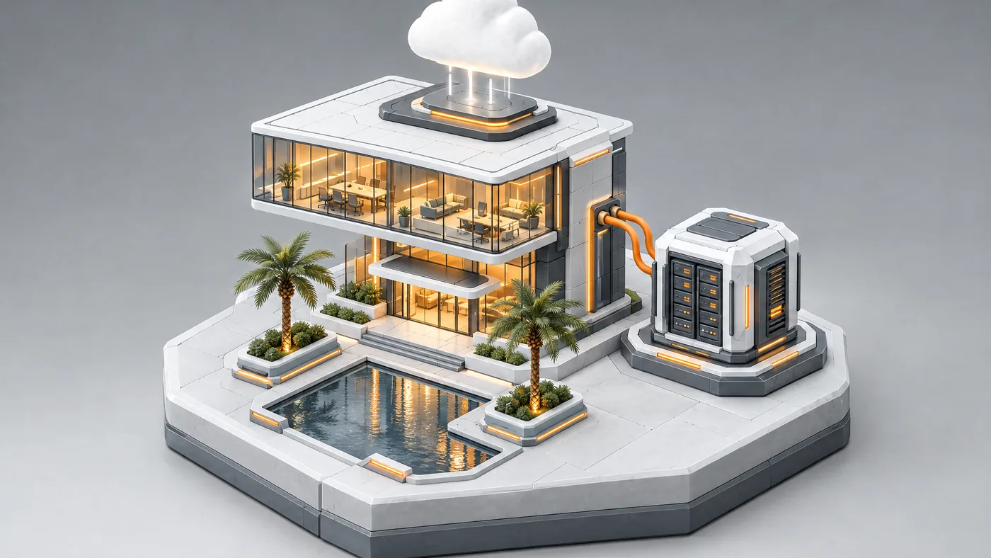 A modern glass headquarters with a docked server module and a cloud above, rendered as a white isometric diorama