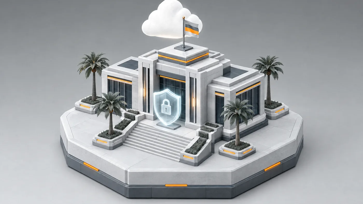 A civic building with a glass shield at its entrance and a flag above, rendered as a white isometric diorama