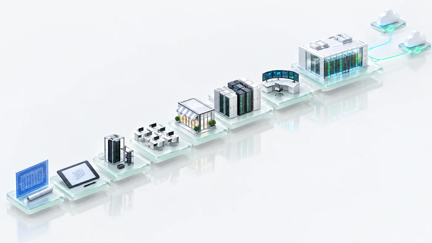 Nine glass platforms rising in a line, from a blueprint and a single rack to a lit data hall connected to two neighbouring clouds