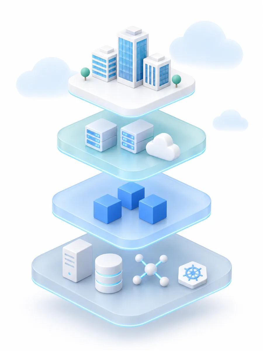 Four stacked layers: an organisation of buildings on top, then an estate with servers, then units as blue cubes, then the resources beneath
